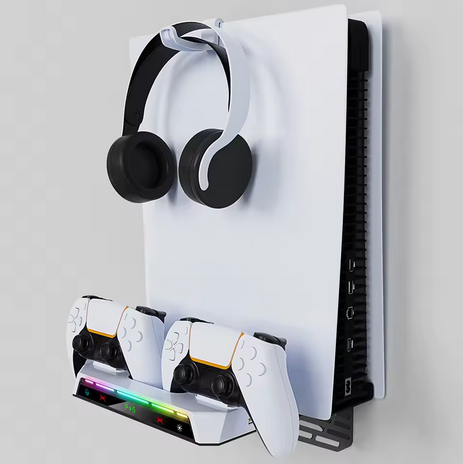 Wall-mounted PS5 kit with dual controller charging station and headset holder