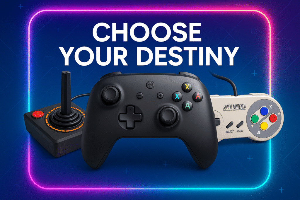 Three gaming controllers — a retro Atari joystick, a modern black PC gamepad, and a classic SNES controller — displayed on a neon blue background with the phrase “Choose Your Destiny.”