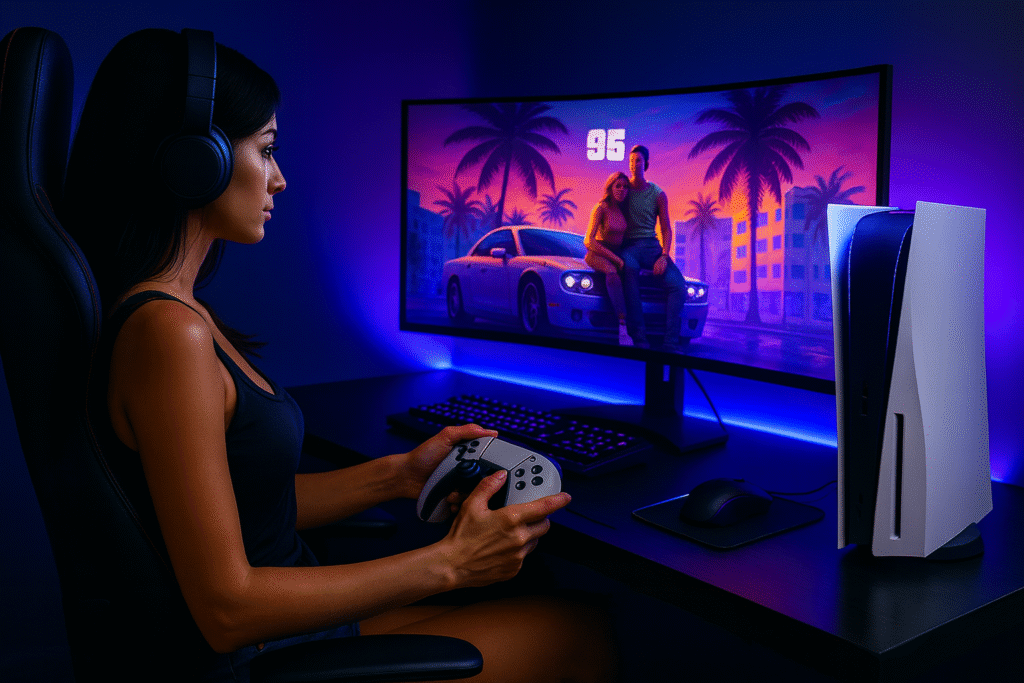 Best Budget PlayStation Gamepads & Accessories – woman playing PS5 with DualSense controller