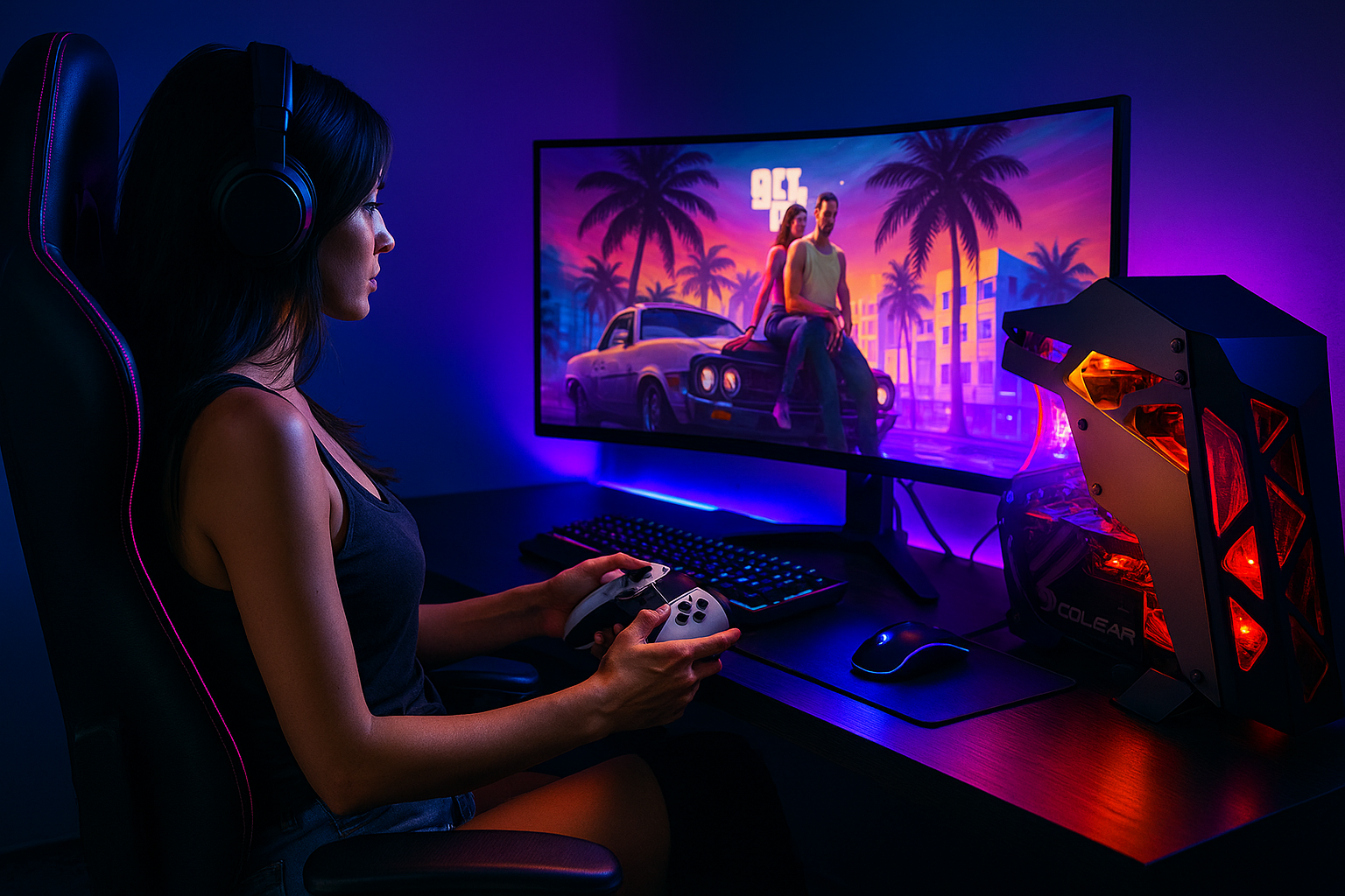 Budget PC gamepads and accessories 2025 — realistic RGB gaming setup with curved monitor and gamer using controller.