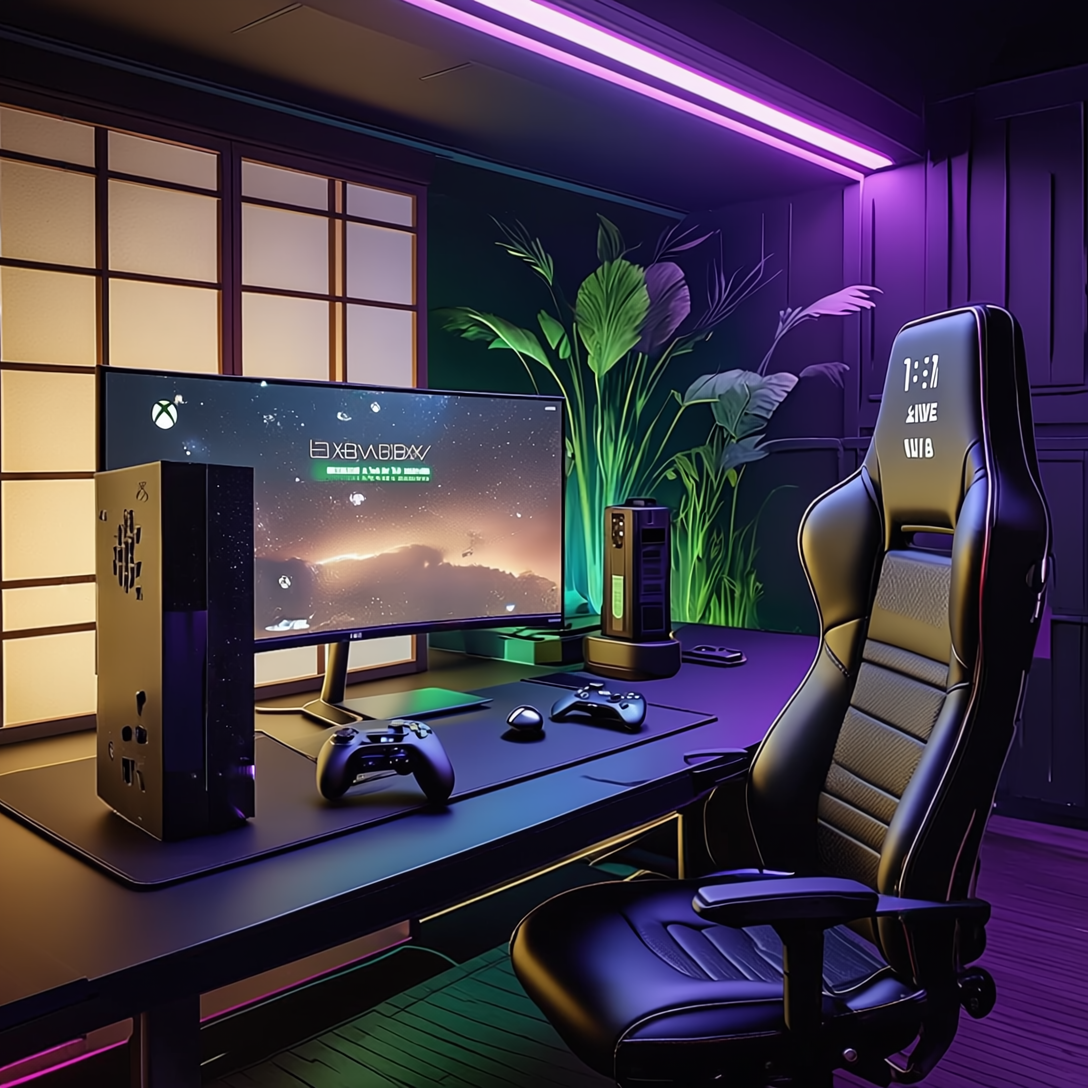 Cinematic gaming setup with the new Xbox console on a sleek desk with neon lights