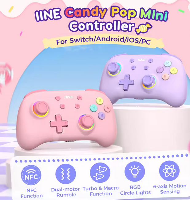 IINE Candy Pop Mini wireless controller for Nintendo Switch with NFC, gyro, RGB and macro buttons