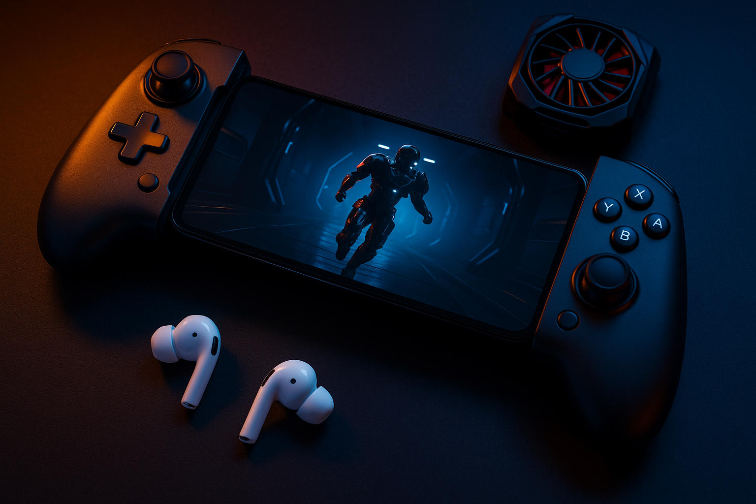 Mobile gamepads and accessories arranged around a smartphone for mobile gaming