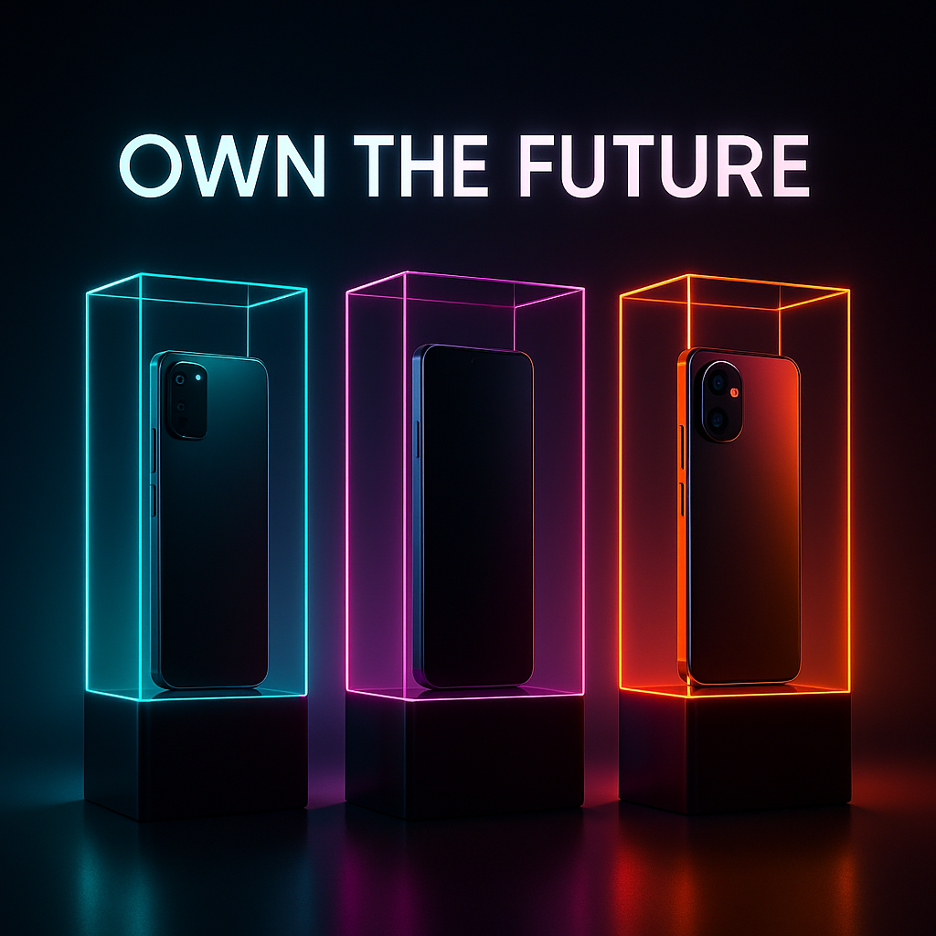 Own the Future – smartphones in neon glass display boxes