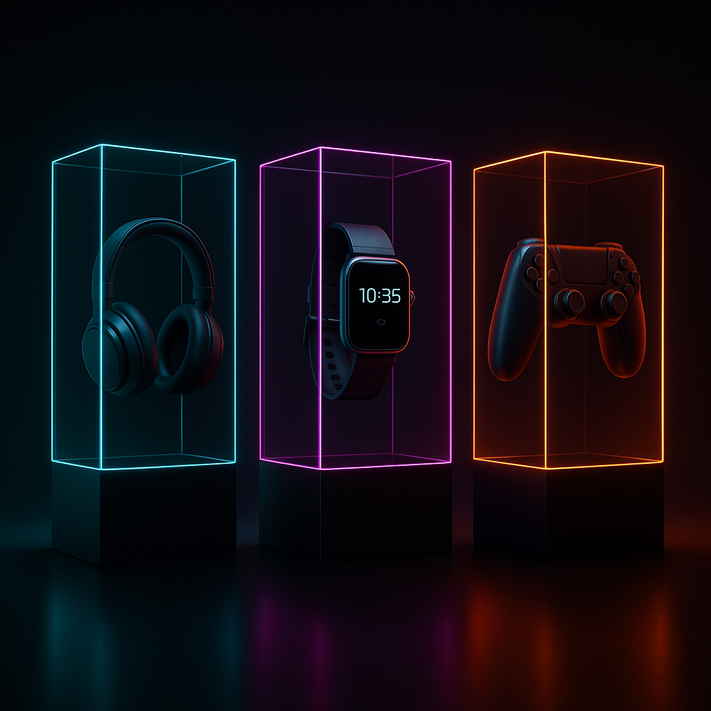 Headphones, smartwatch, and gamepad in neon glass display boxes