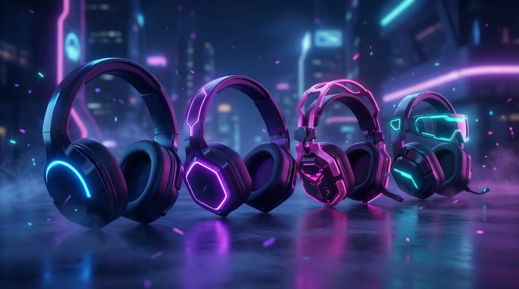 best budget gaming headphones banner with multiple neon cyberpunk headset designs in 16:9 layout